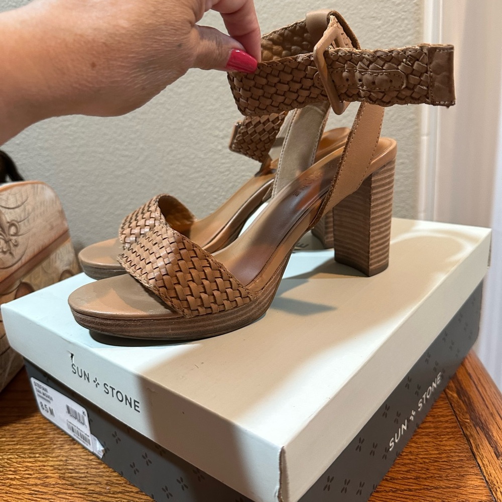 Sun + Stone Brown Woven Block Heel Sandals